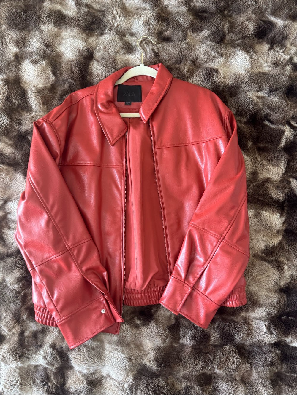 Zara Red Faux Leather Bomber Jacket